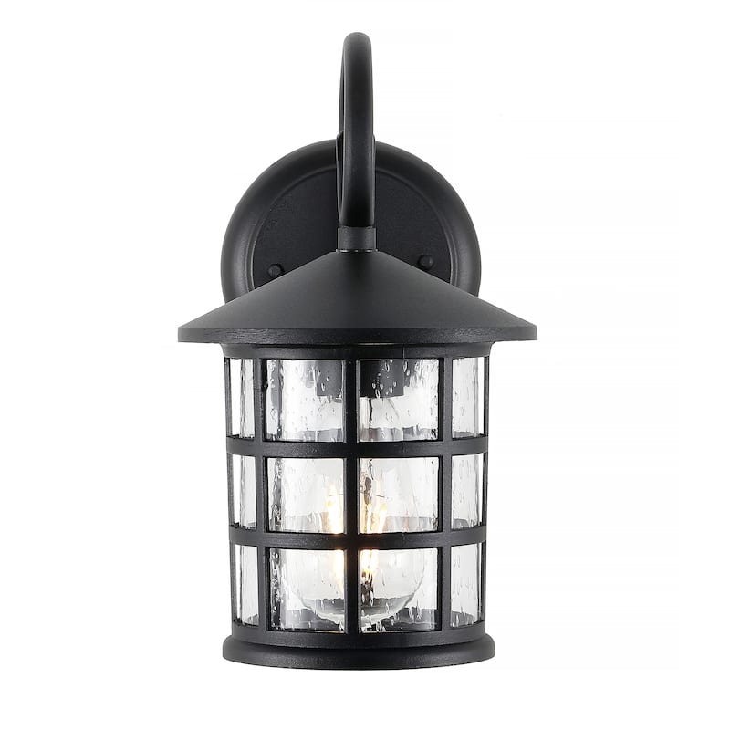 Plains 6" 1-Light Iron/Seeded Glass Cottage Rustic Scrolled Lantern LED Outdoor Lantern, Black (Set of 2) by JONATHAN Y - Black