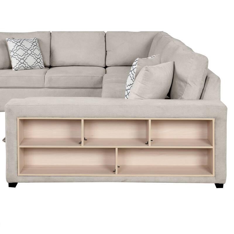 Beige 109" U-Shaped 6-Seater Sectional Sofa with Pull-Out Bed, Storage Chaise Lounge, 4 Back Pillows, and USB Charging Ports