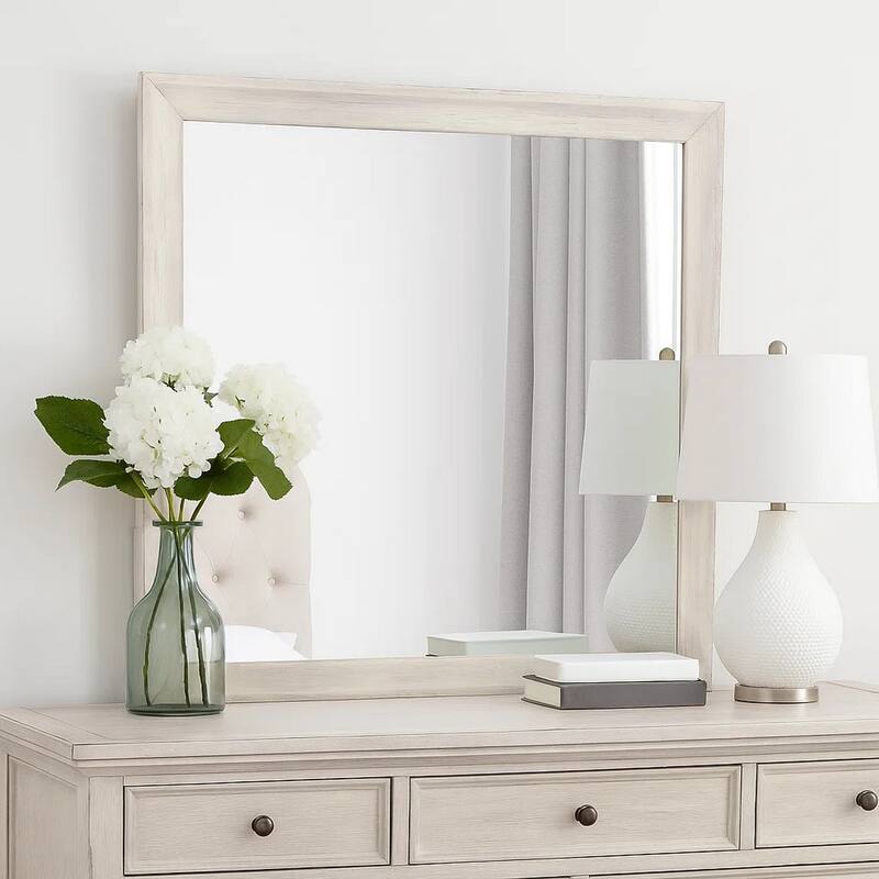 Dresser Mirror, Antique White Poplar Wood Frame, Square 40 Inch - Antique White