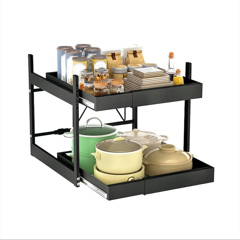 Kitchen Retractable Storage Rack Punch-Free Drawer-Style Cabinet Dishes And Spice Pull-Out Basket Under The Sink - Black