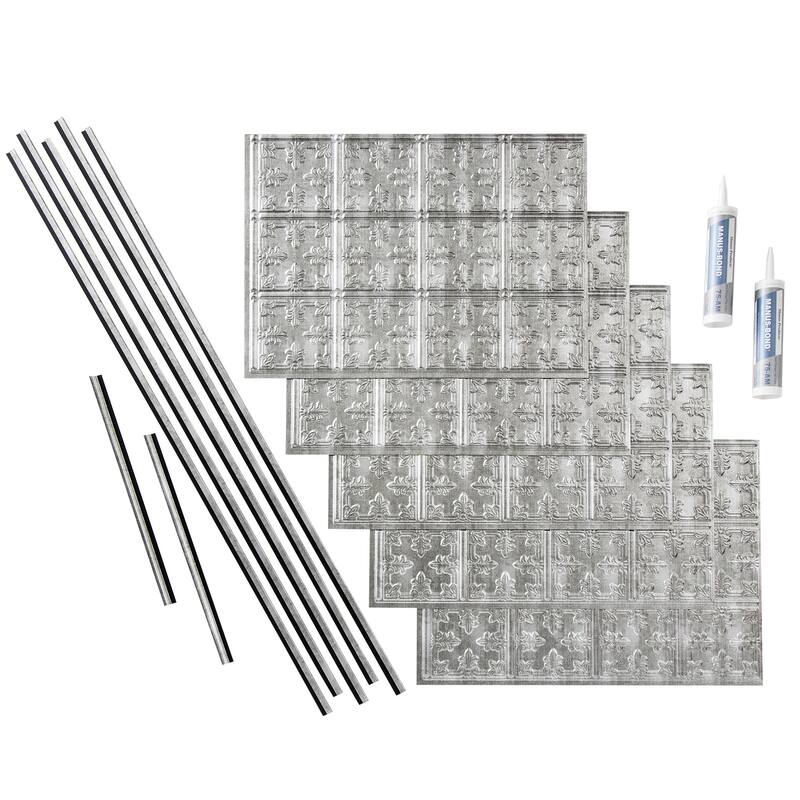FASÄDE Traditional Style 10 Decorative Vinyl Backsplash Panel - 15 Sq Ft Kit - Crosshatch Silver