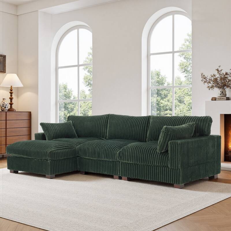 Plush Corduroy Upholstered Modular Sectional Sofa with Chaise - Left Facing - Green-3 Pieces