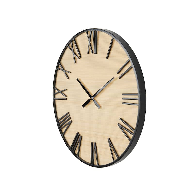 Wooden Wall Clock with Black Metal Numbers and Frame - Light Brown - Roche River Decor - 2"W x 28"L x 28"H