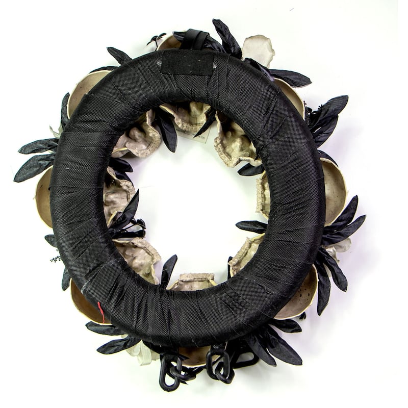 Haunted Hill Farm 15.7-In. Skulls and Chains Wreath, Halloween Door or Wall Decoration, White-Black-Gray
