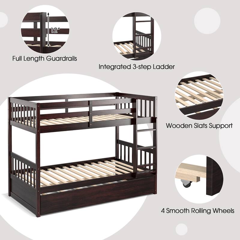 Twin Over Twin Bunk Bed with Twin Trundle Solid Wood Frame