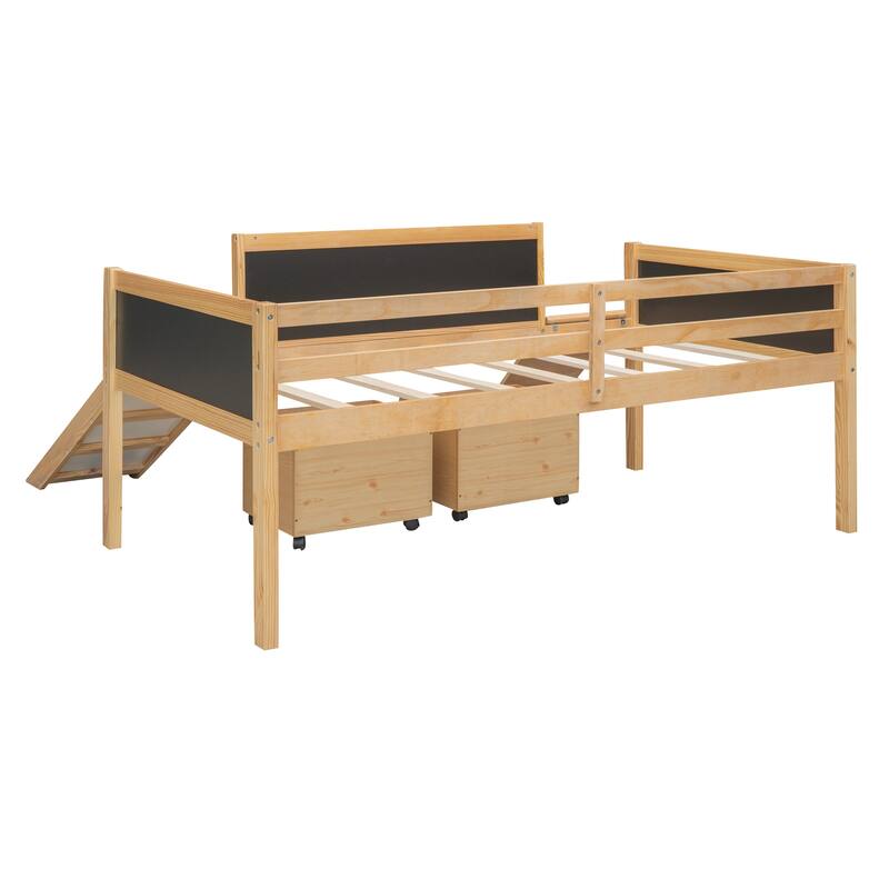 Twin Size Loft Bed with Two Storage Boxes, Climbing Frame, and Chalkboard