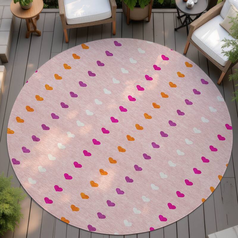 Machine Washable Indoor/ Outdoor Modern Hearts Chantille Rug - Pink - 8' x 8'