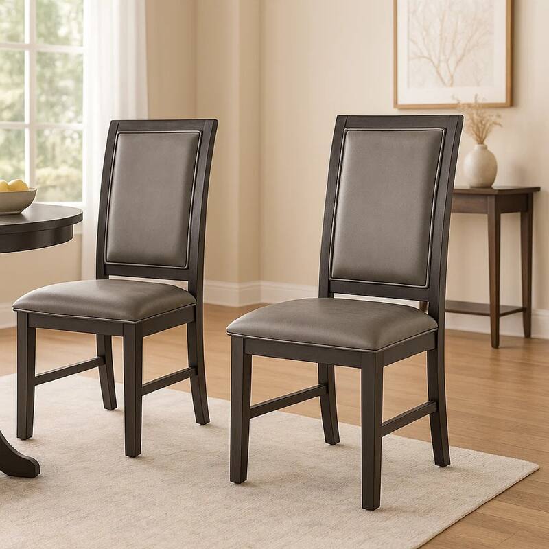 Jefy Side Dining Chair Set of 2, Gray Faux Leather, Espresso Brown Wood