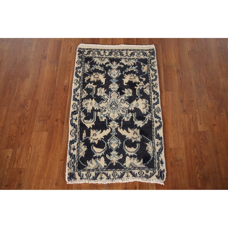 Blue Traditional Nain Persian Vintage Area Rug Handmade Wool Carpet - 1'9"x 2'10"