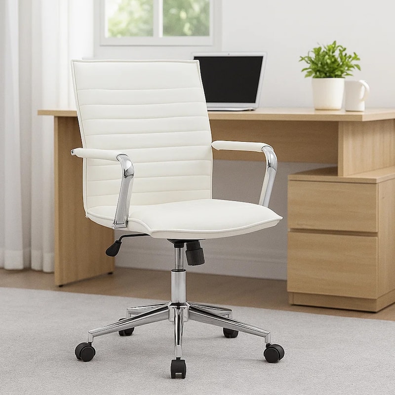 Kenny Commercial Grade Chair with Chrome Arms and Metal Base, White PU Vinyl