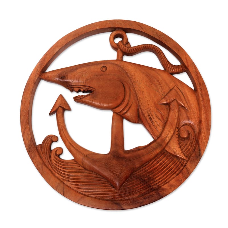 Novica Handmade Anchor Shark Wood Relief Panel - 0.8" H x 11" D
