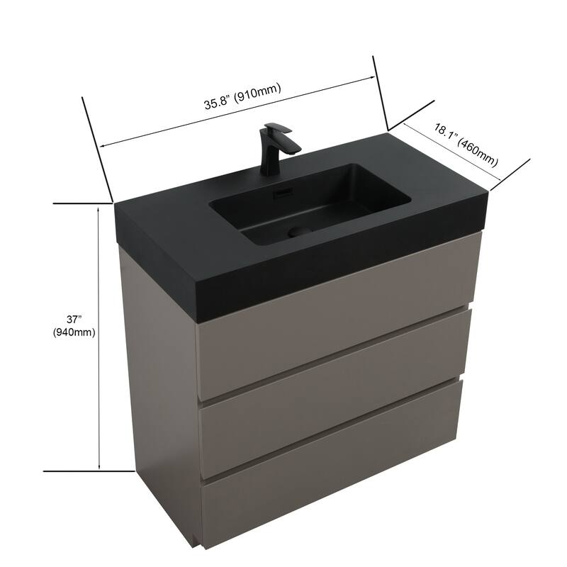 Minimalist Bathroom Vanity with Sleek Matt Black Basin, Maximized Storage, Eco-Friendly Construction - 35.8in L Melamine