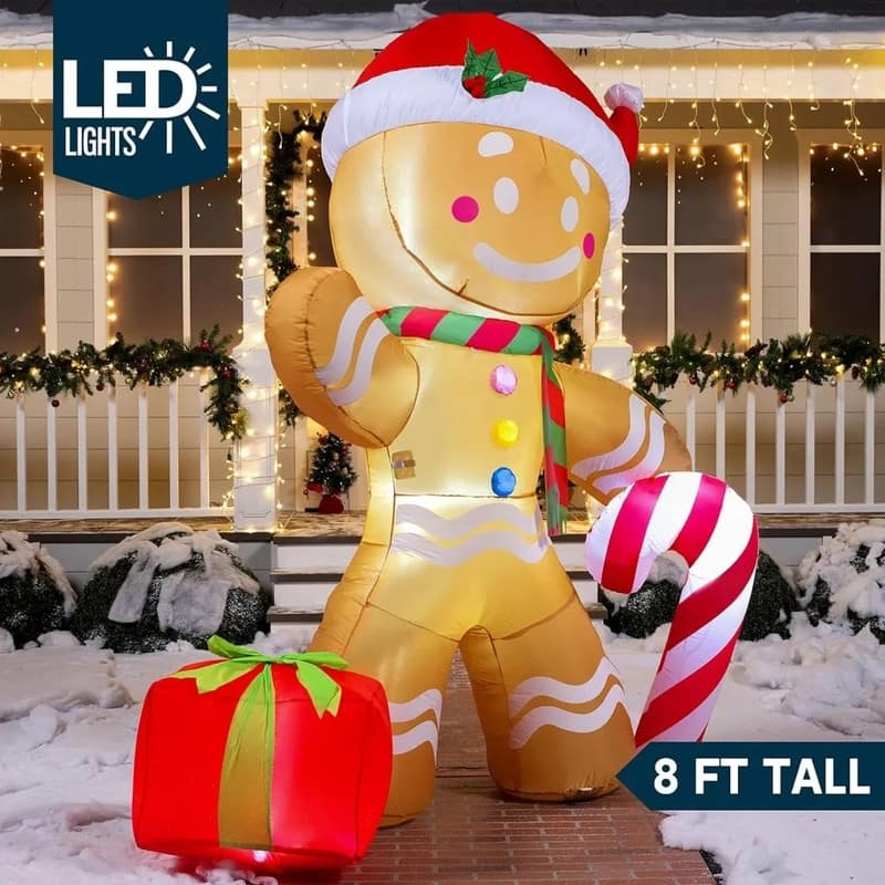 Joyfy 8ft Christmas Inflatable Gingerbread Man with Candy Cane, LED-lit