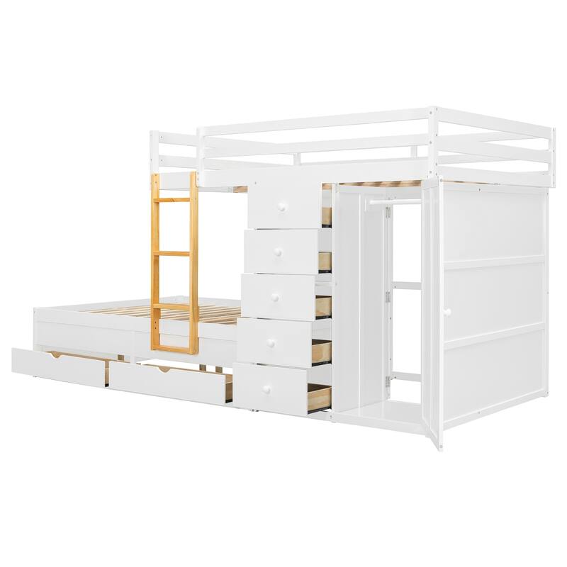 Full Size Bunk Bed with Storage - 2 Large & 5 Small Drawers, Small Wardrobe, MDF & Solid Wood