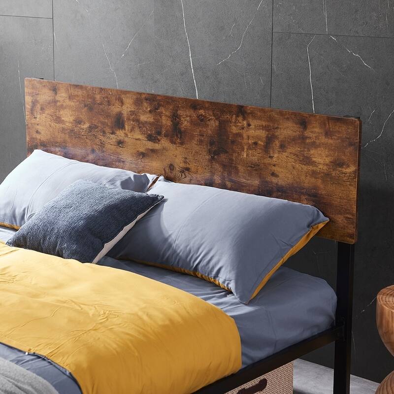 Metal Platform Bed Frame with Wooden Headboard and Footboard