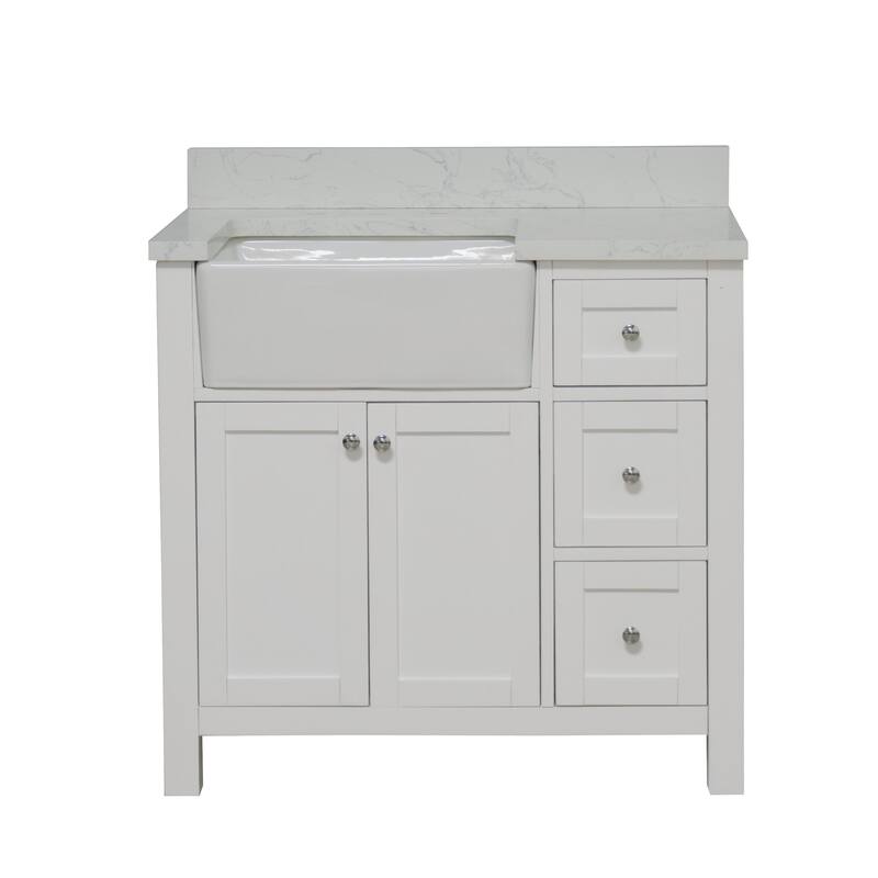 KitchenBathCollection Yorkshire 36" Farmhouse Bathroom Vanity with Engineered Marble Top