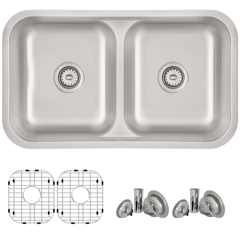 STYLISH 32.25 inch Low Divider Double Bowl Undermount and Drop-in Kitchen Sink - 32.25" x 18.9" x 9"
