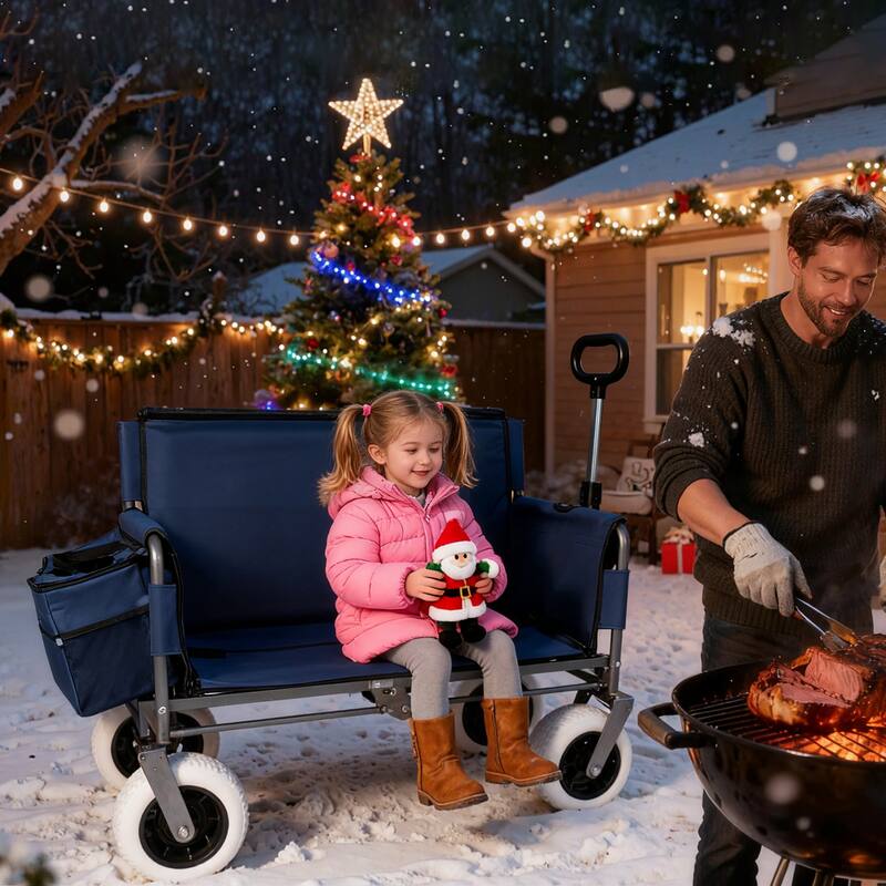 3-in-1 Folding Wagon with Bench Seat-Includes 1 ice pack, 500lbs Capacity, 9"x4" Beach Tires for Camping & Beach