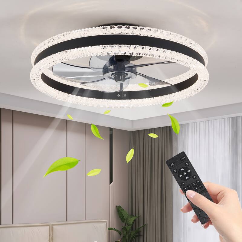 20" Luxury Double Ring LED Ceiling Fan with Light - Modern Flush Mount Design, Hidden Blades, Dimmable Lighting