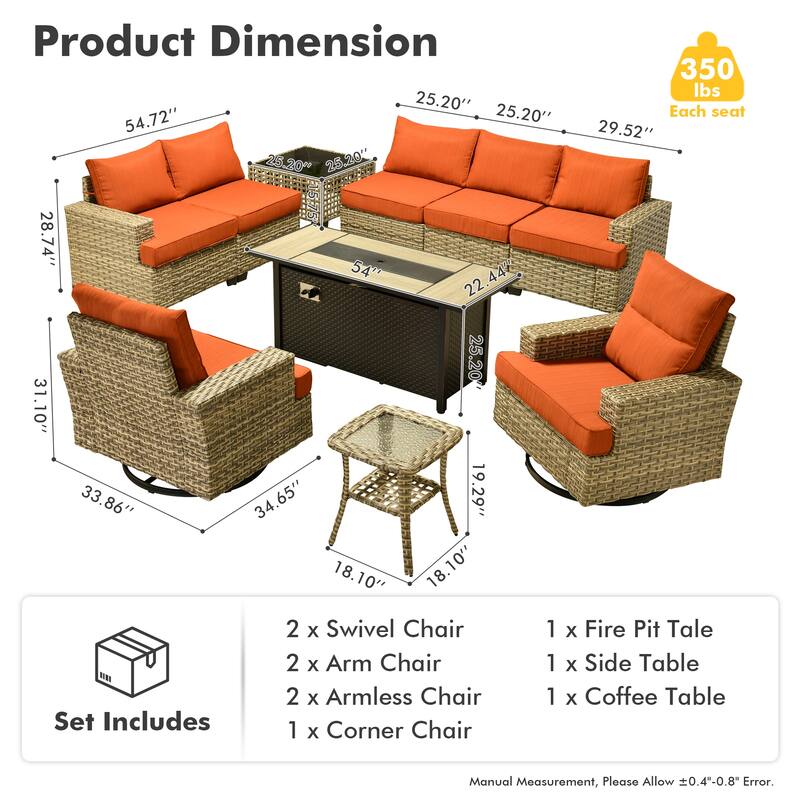 HOOOWOOO 10-piece Rattan Wicker Patio Outdoor Furniture Fire Pit Set with Swivel Rocking Chairs