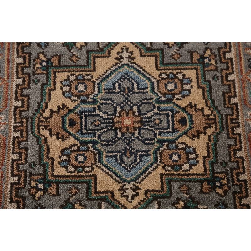 Gray Geometric Heriz Serapi Indian Runner Rug Hand-Knotted Wool Carpet - 2'7" x 7'11"
