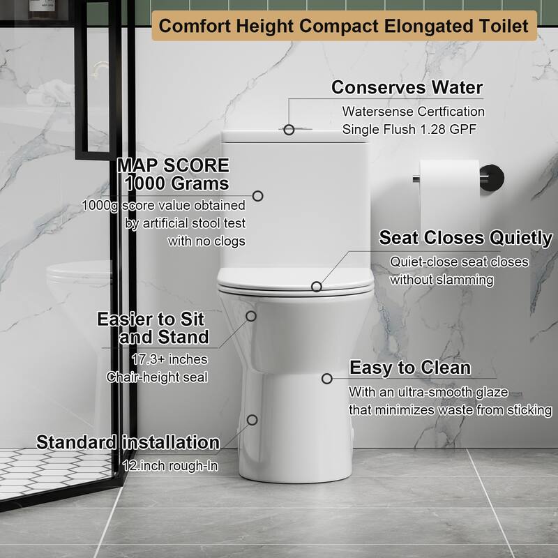 1.1/1.6 GPF Tornado Flush One-Piece Toilet with Comfort Chair Seat ADA Height 17",Siphonic S-trap 12",Rimless Bowl