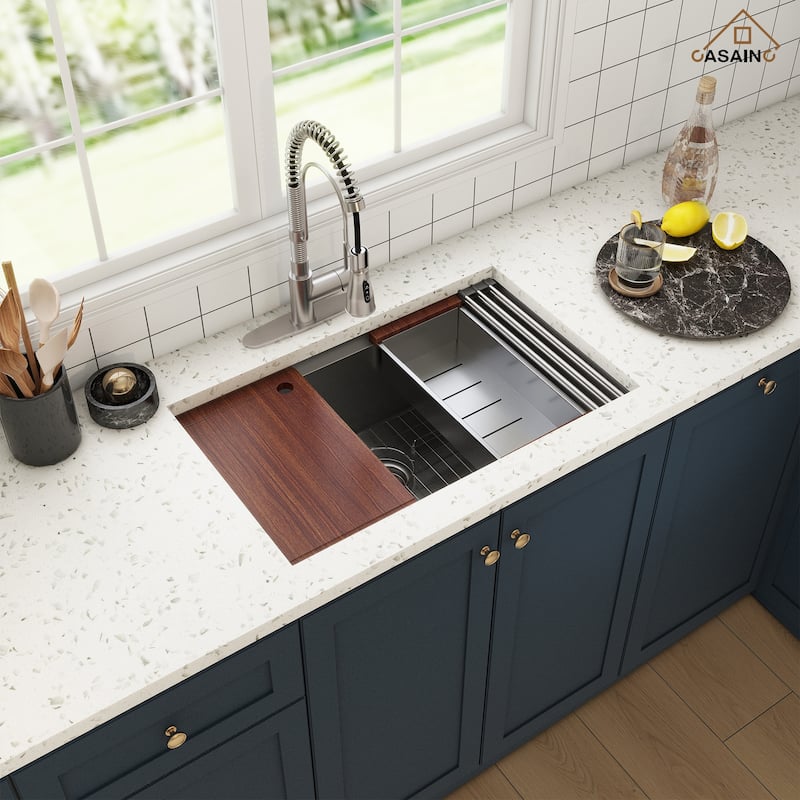 All-in-One Undermount Single Bowl 16 Gauge Nano Brushed Stainless Steel Workstation Kitchen Sink with Accessories and Faucet Set