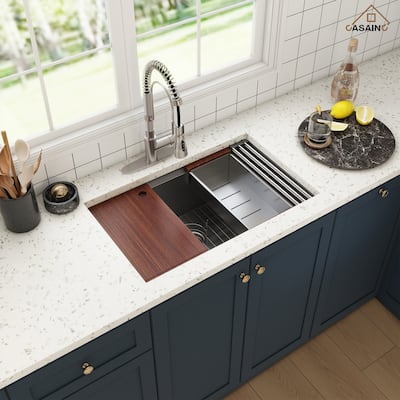 All-in-One Undermount Single Bowl 16 Gauge Nano Brushed Stainless Steel Workstation Kitchen Sink with Accessories and Faucet Set
