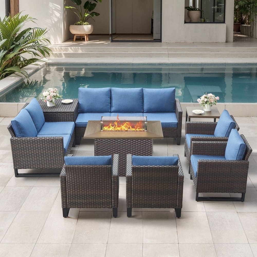 Gymojoy 9 Piece All-Weather Wicker Outdoor Patio Family Conversation Set Group With Fire Pit Table