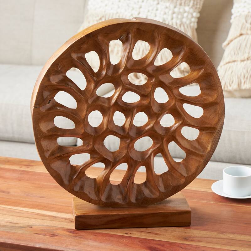 Brown Teak Wood Handmade Circular Cutout Abstract Decorative Sculpture - Brown