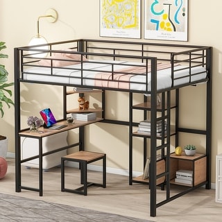Full Size Metal Loft Bed with Bulit-in Desk and Stool, Heavy Duty Loft Bedframe with Cabinet and Open Storage Shelves for Kids