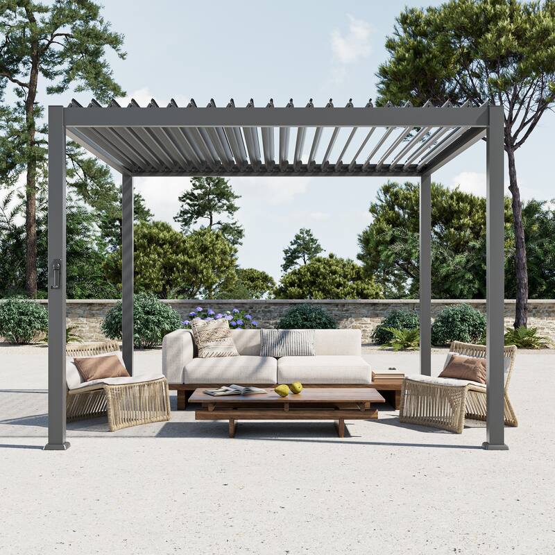 Patio Louvered Pergola with Adjustable Roof, Aluminum Steel Pergola - 10' x 10' - Grey