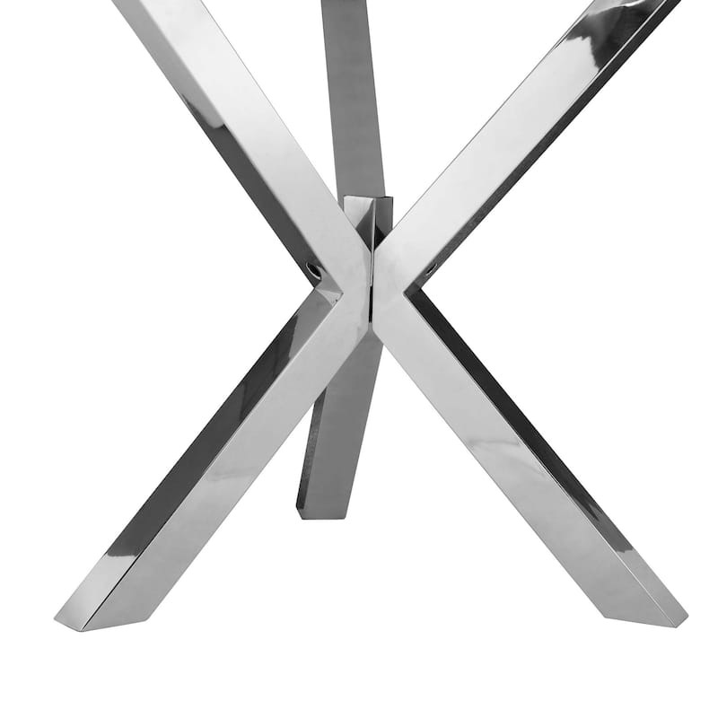 Emi 47 Inch Round Dining Table, X- Cross Brushed Steel, White Wood
