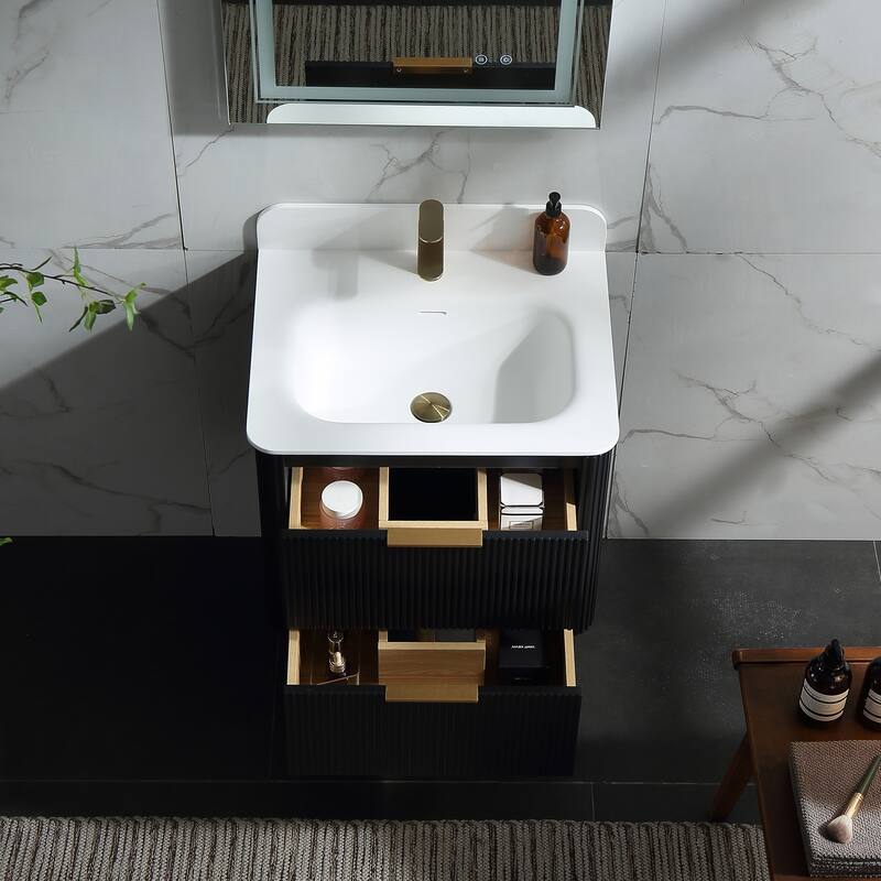 Modland Fluted Floating Vanity with Sink, Plywood Wall Mount Cabinet, Curved Edge, 24/30/36 Inch