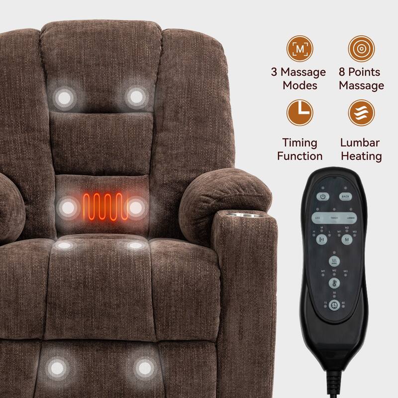 Grey Large Power Lift Recliner with Massage, Heat, USB, and Cup Holders