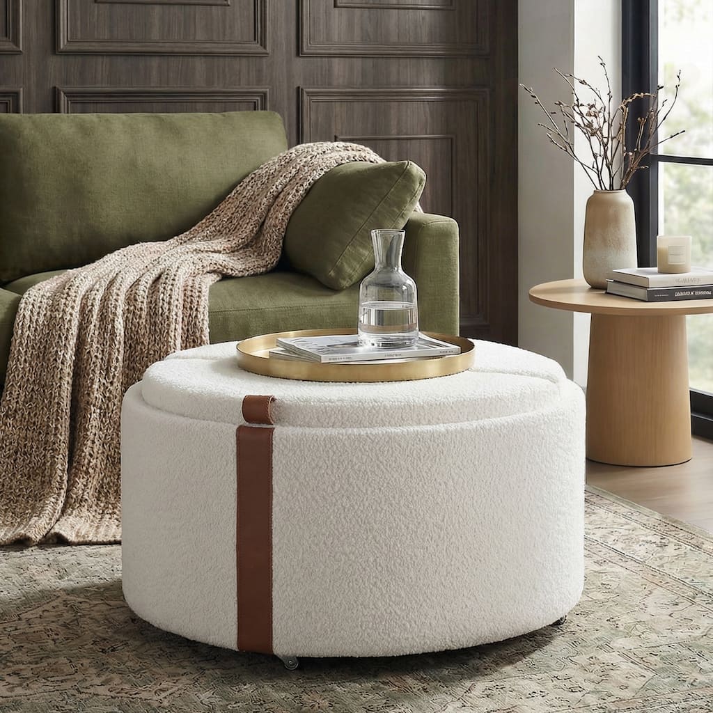 Round Storage Ottoman with Caster Wheels & Dual Reversible Half-Moon Lids by Harper&Bright Designs