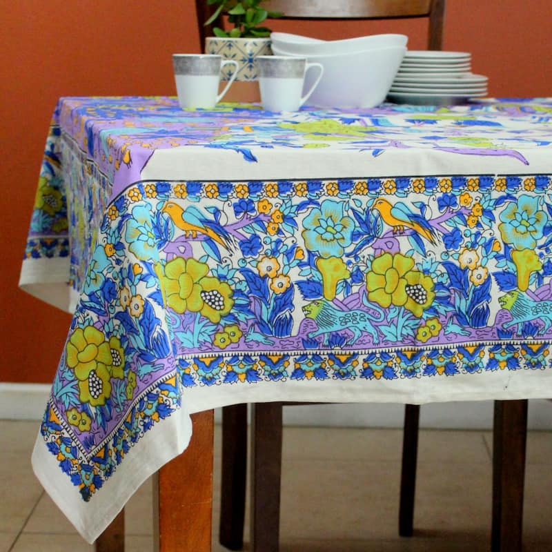 Vibrant Cotton Floral Tree Of Life Tablecloth Collection - 72 x 72 in - Purple Green