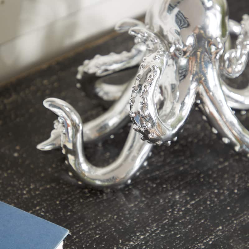 Silver Polystone Octopus Decorative Sculpture with Long Tentacles and Suctions Detailing