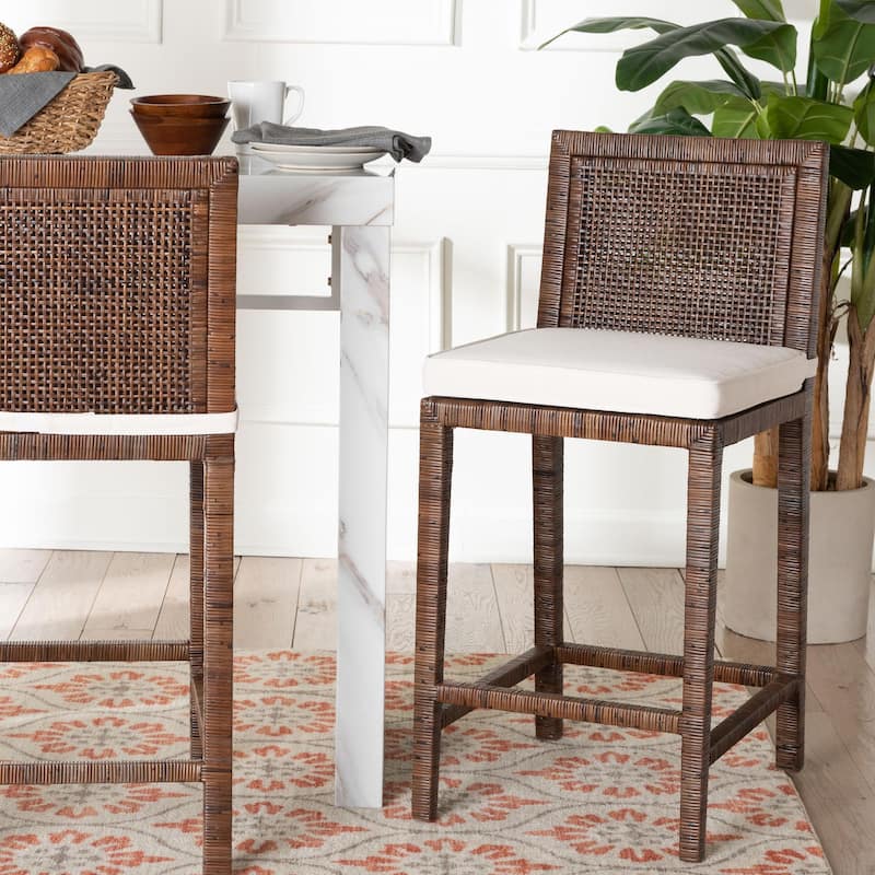 Sofia Rattan Counter Stool with Mahogany Wood Frame - Handwoven Wicker Counter Height Chair with Cushion, Coastal Boho Seating
