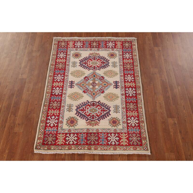 Geometric Ivory Kazak Oriental Accent Rug Hand-Knotted Wool Carpet - 3'5"x 4'11"