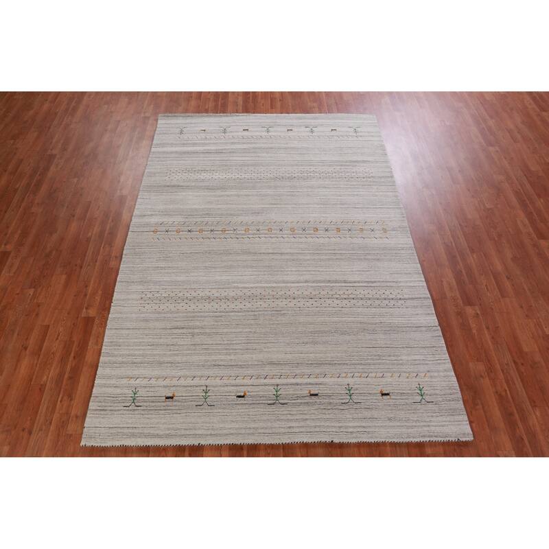 Hand Knotted Oriental 100% Wool Carpet Tribal Stripe Beige & Ivories Gabbeh Area Rug - 8' 10'' X 6' 1''