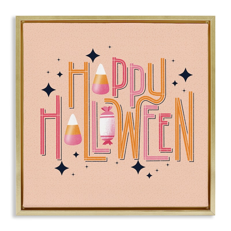 Stupell Happy Halloween with Candy Framed Floater Canvas Wall Art Design By Sarah Hickman - 18 x 18 - Gold