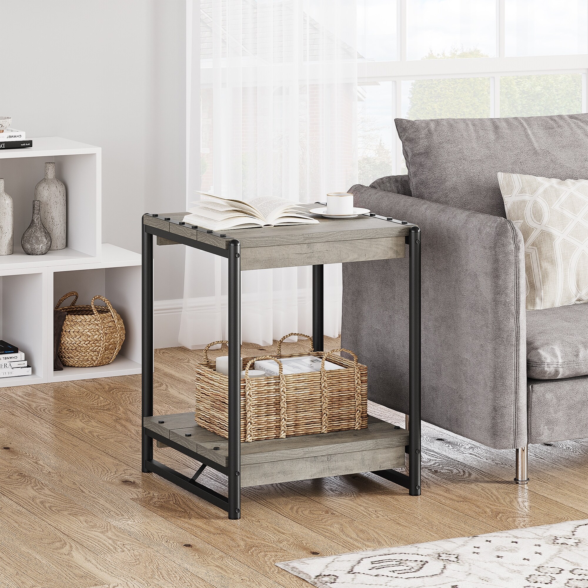 Farmhouse End Table 19.6 Inch Sofa Side Table with 2 Tier Storage