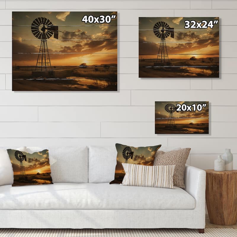 Designart "Texas Rustic Windmills" Landscapes Print on Natural Pine Wood