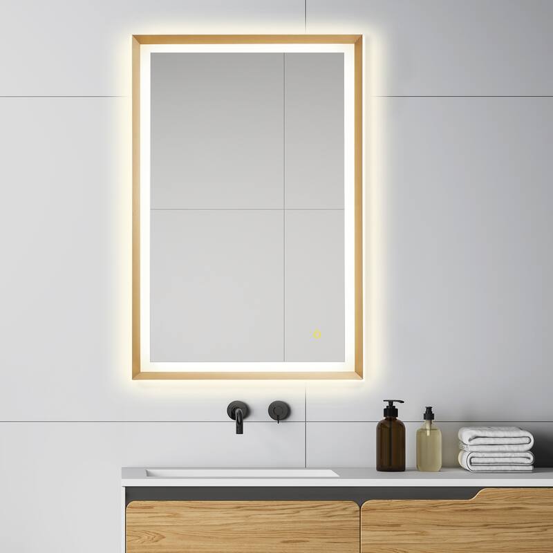 Apollo Rectangular Anti-Fog Dimmable Modern Bathroom/Vanity LED Lighted Wall Mirror in Brushed Gold Aluminum Framed