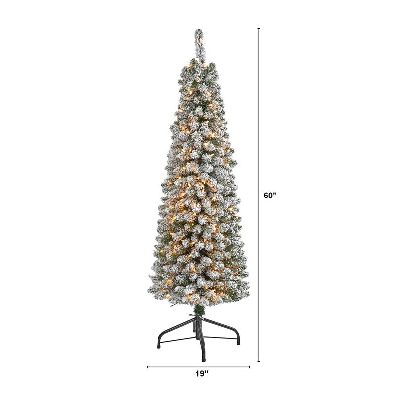 5’ Pre-Lit Pencil Flocked Artificial Christmas Tree, Clear LED Lights - 5 Foot