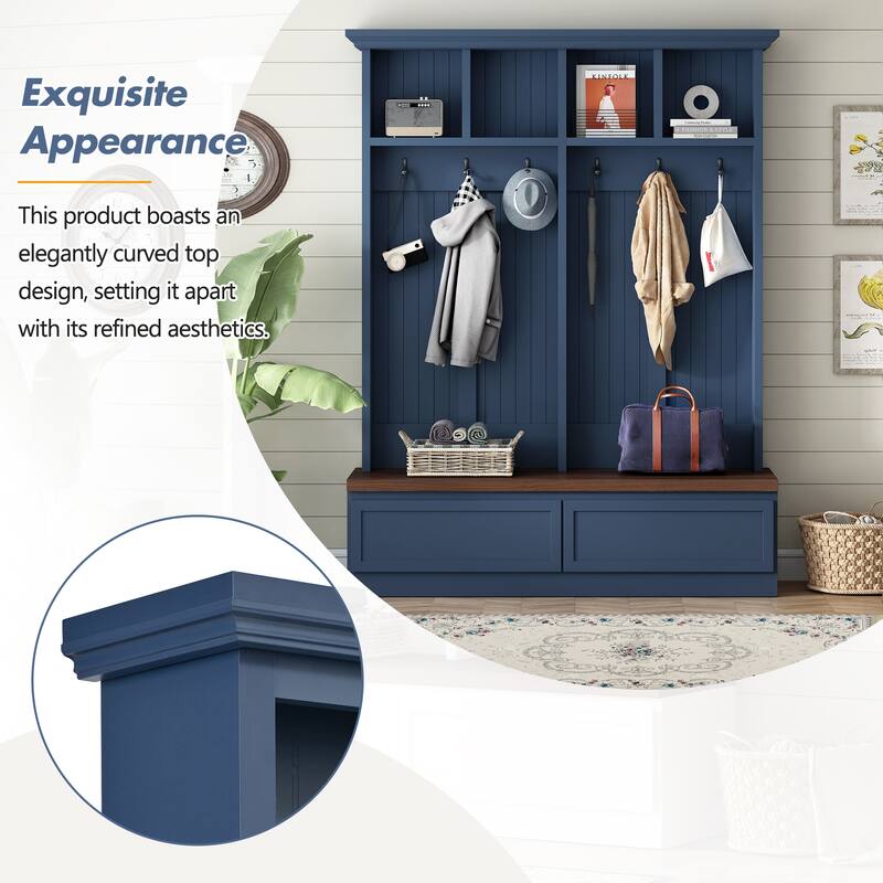 Farmhouse 4-in-1 Hall Tree with Bench, 2 Drawers & Coat Rack for Entryway
