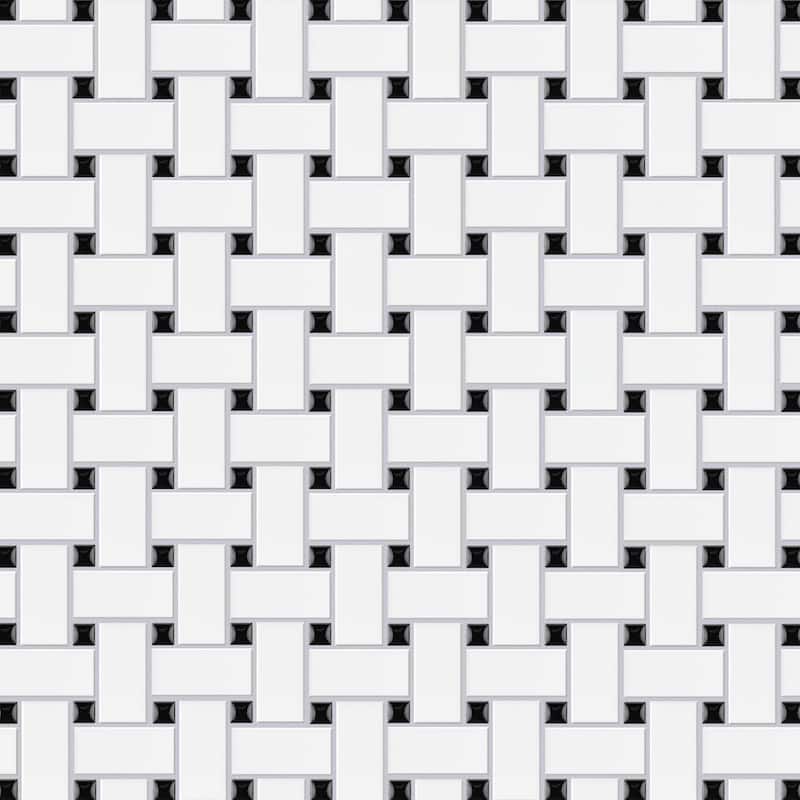 SomerTile Metro Basketweave Matte White with Black Dot 11.75" x 11.75" Porcelain Mosaic Tile