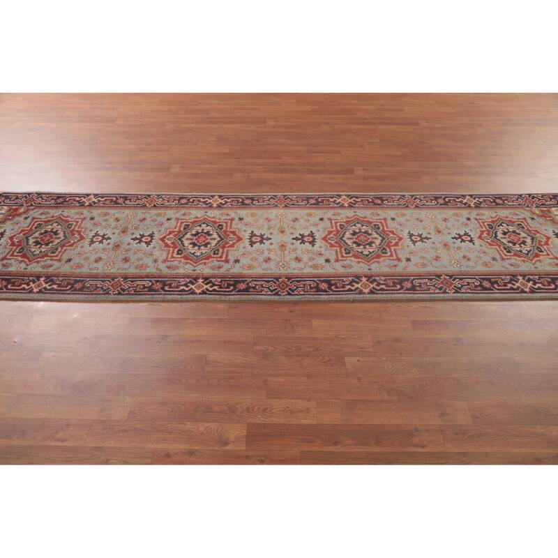 Light Blue Heriz-Serapi Oriental Runner Rug Wool Carpet - 2'6"x 9'10"