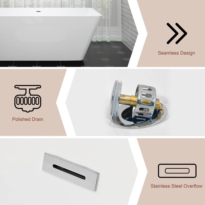 CB HOME 55''/59''/67'' Freestanding Acrylic Bathtubs,Modern Spa Deep Soaking Tubs with Solid Surface